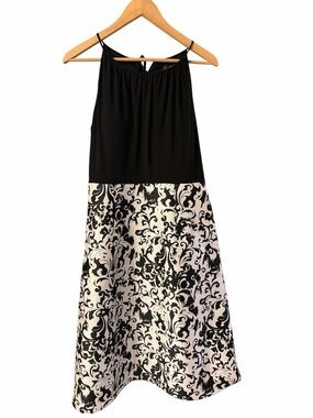 NWT Adrianna Papell Black Ivory Damask Midi Dress Pockets Size 8